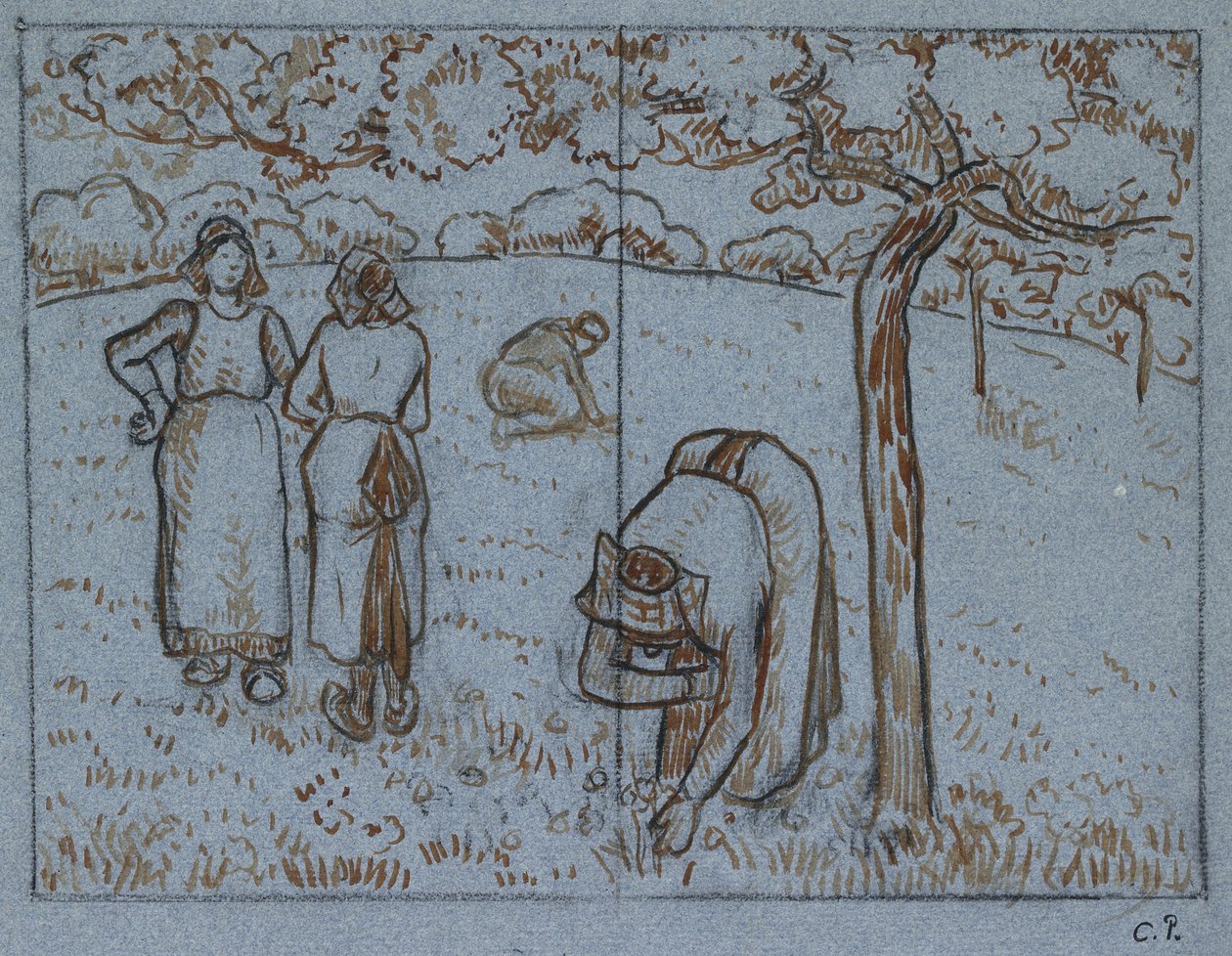 Étude compositionnelle de quatre paysannes travaillant dans un verger (