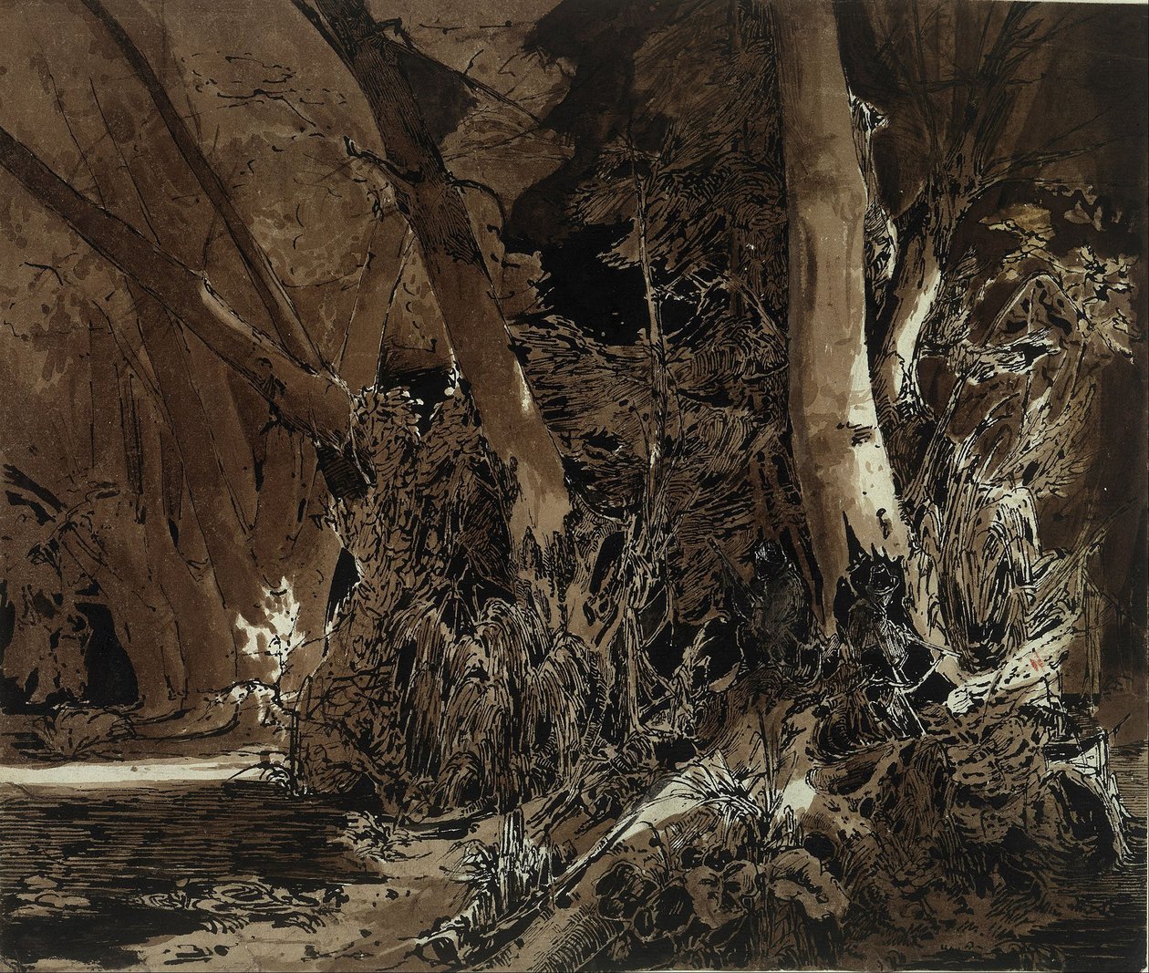 Paysage forestier avec eau courante et deux chasseurs - Carl Blechen
