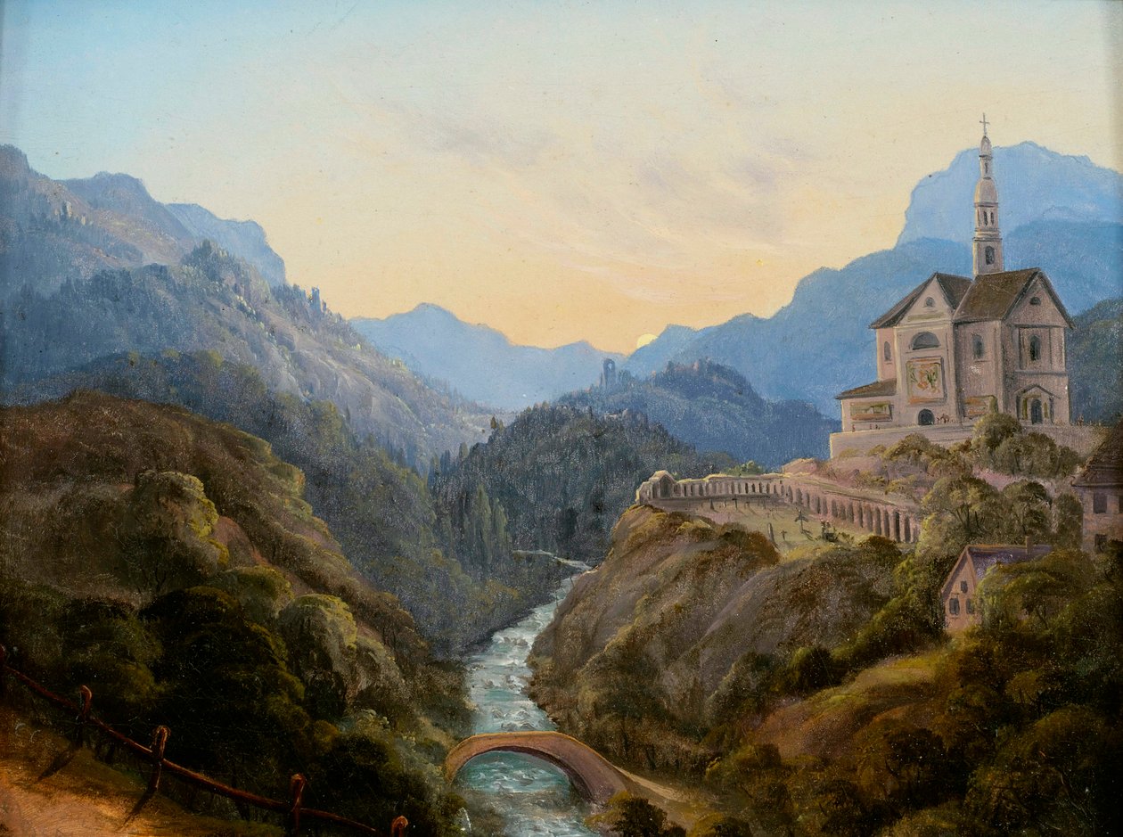 Paysage de montagne en soirée avec vallée fluviale et monastère - Carl Gustav Carus