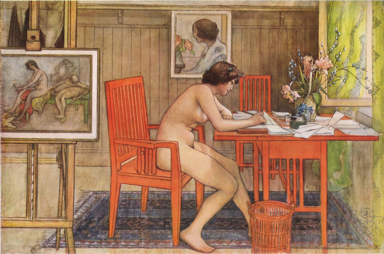 Modèle écrivant des cartes postales - Carl Larsson