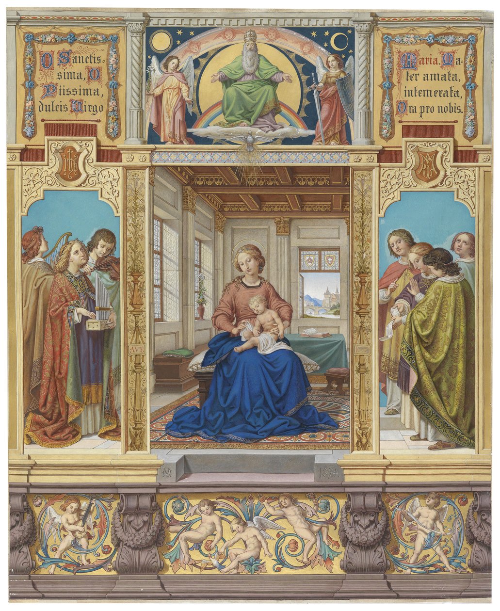 La Vierge Marie, mère de Jésus, assise dans une pièce, entourée d