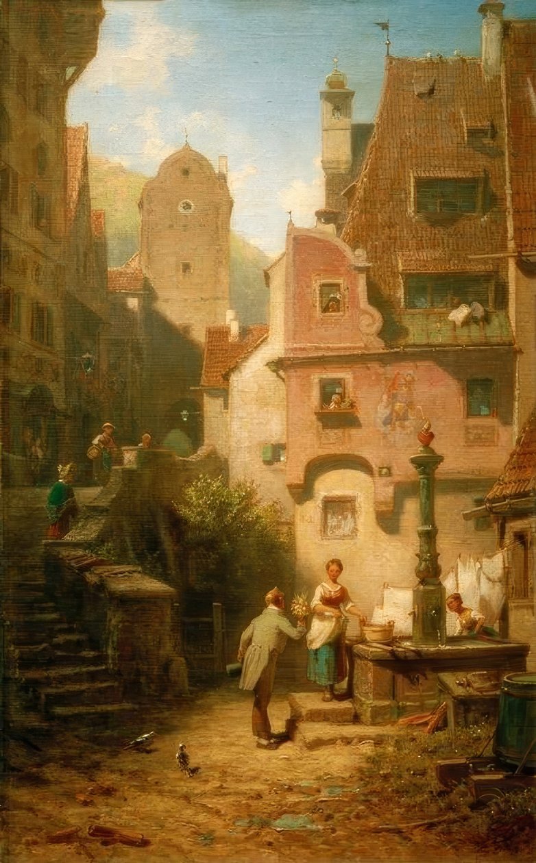 Gratulant offrant un bouquet de fleurs (Le marié éternel) - Carl Spitzweg