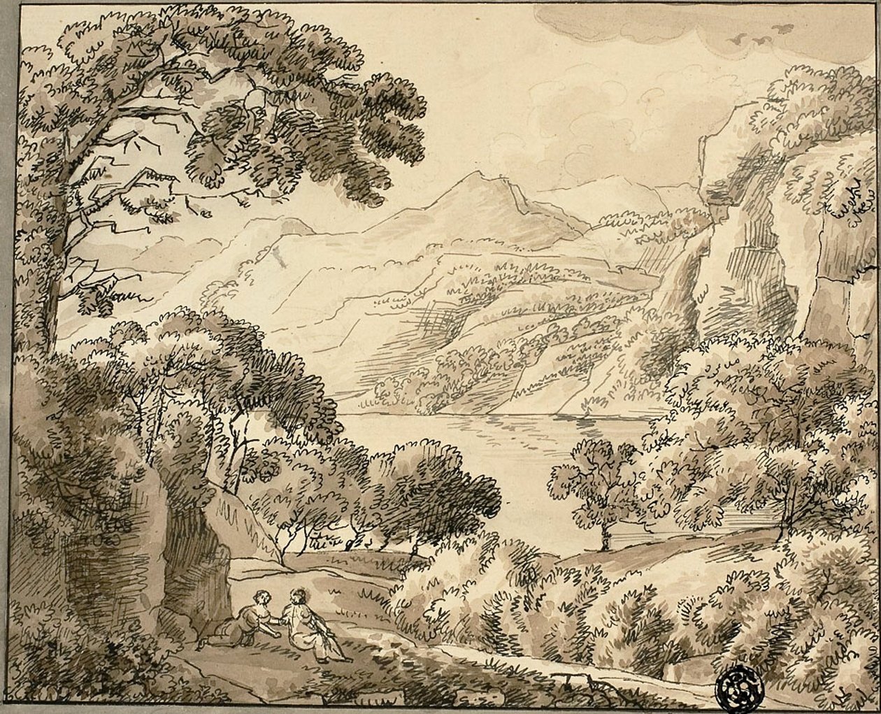 Lac de montagne avec deux personnages - Carl August Lebschee