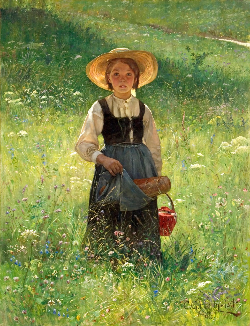 Fille dans un pré fleuri - Carl Gustaf Hellqvist