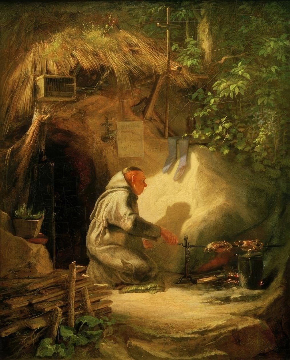 Ermite, rôtissant un poulet - Carl Spitzweg