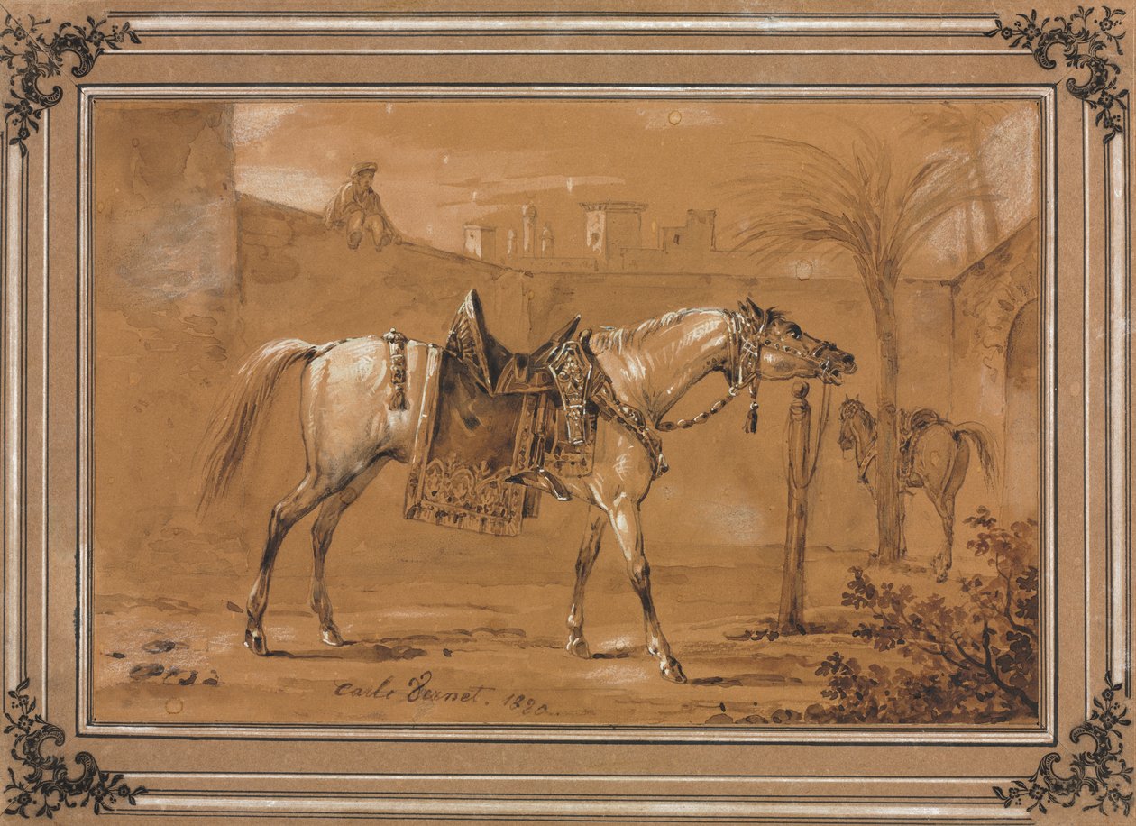 Cheval arabe sellé dans une cour - Carle Vernet