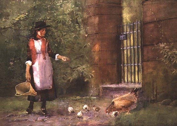 Fille nourrissant des poules - Carleton Grant