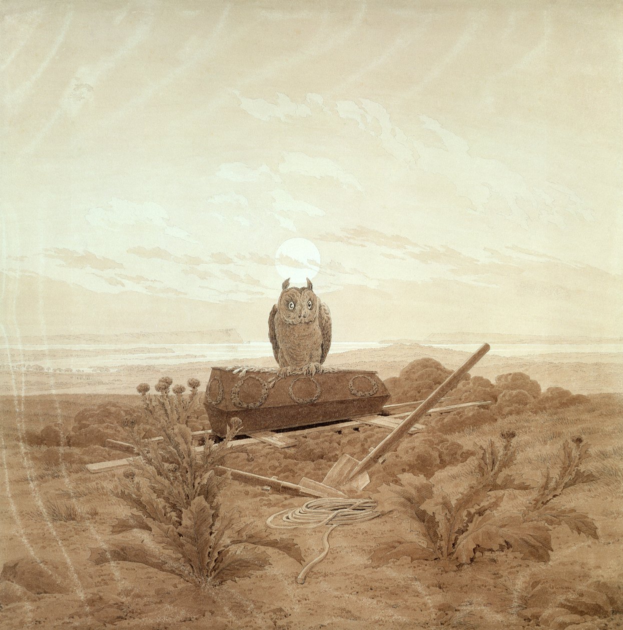 Paysage avec tombe, cercueil et hibou (encre sépia et crayon sur papier) - Caspar David Friedrich