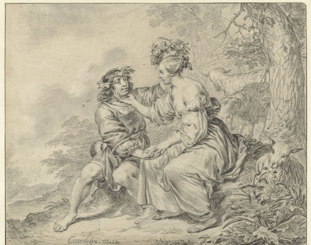 Berger et bergère assis dans un paysage - Casper Casteleyn