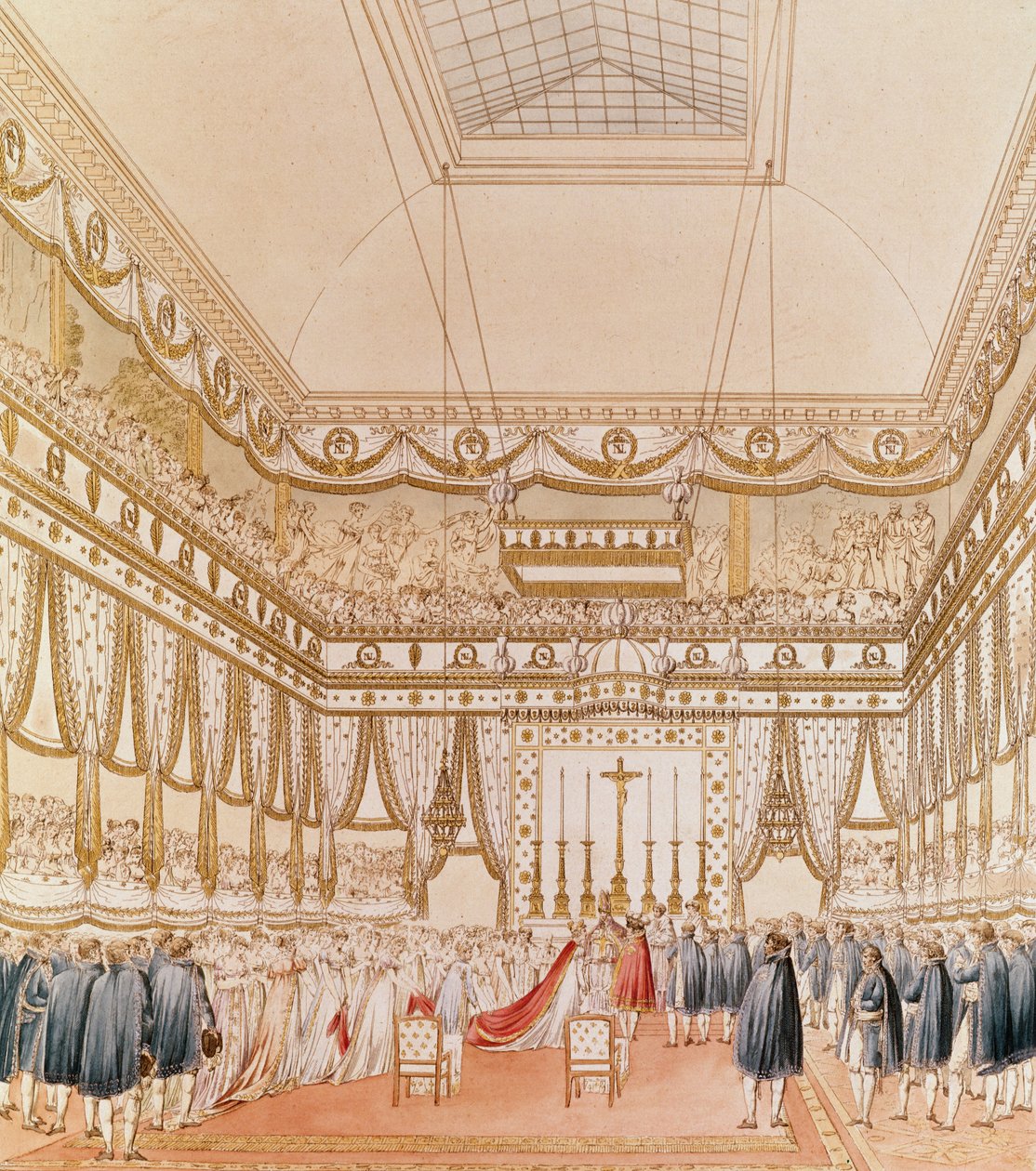 Le Mariage de Napoléon et Marie-Louise dans la chapelle du Louvre (gravure en couleur) - Charles Percier