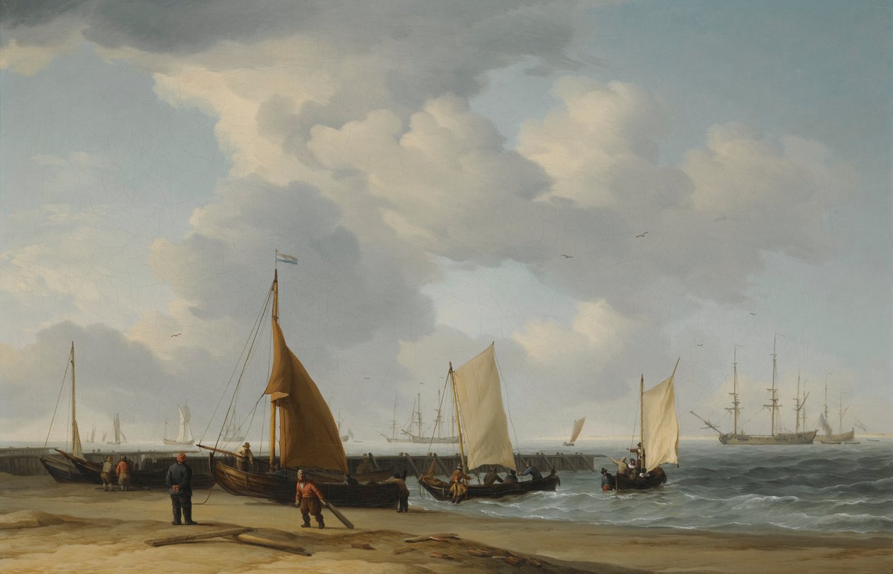 Scène de plage avec un navire de guerre au loin - Charles Brooking