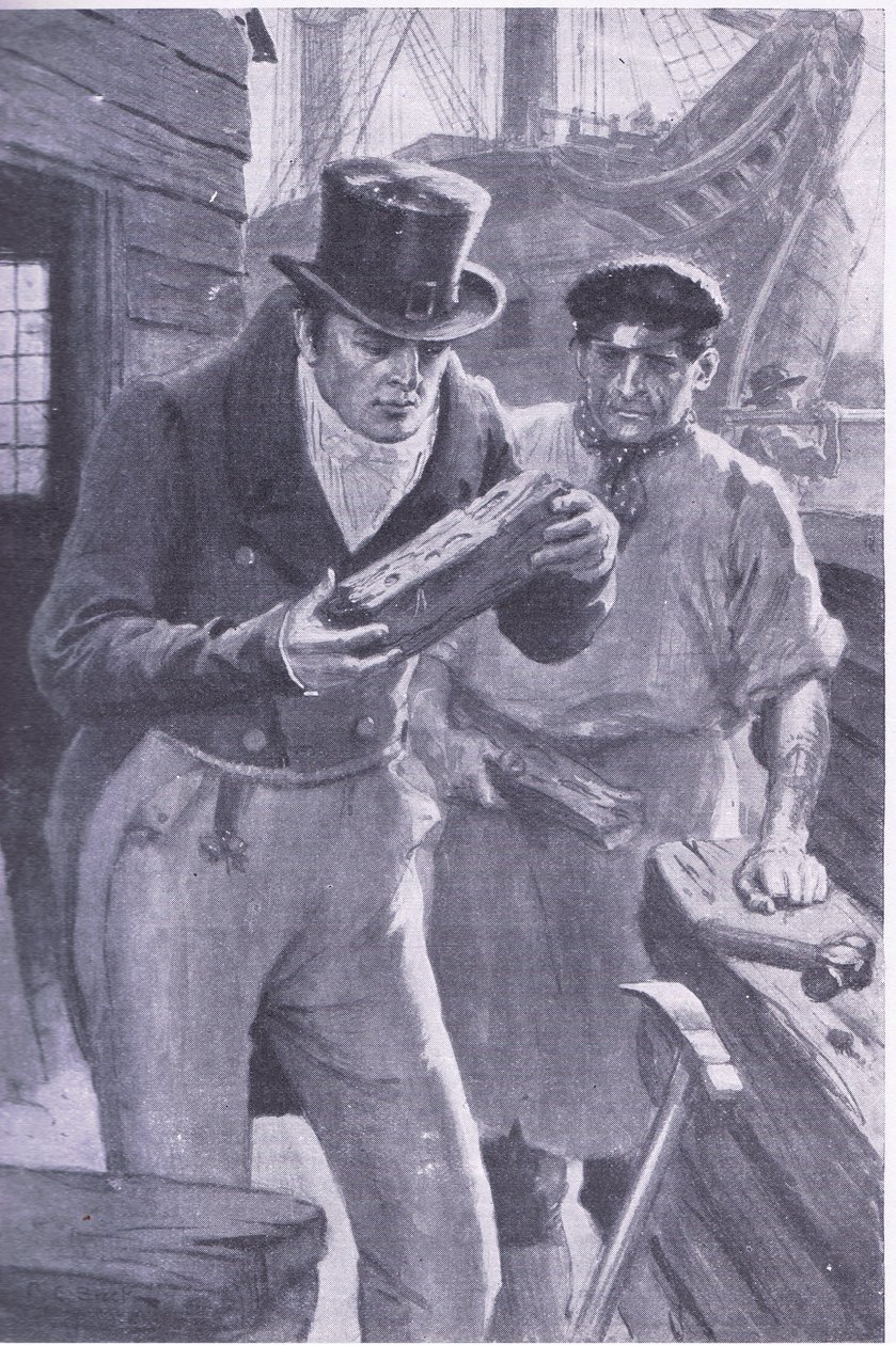 Brunel voit un morceau de bois de navire creusé par un taret, inspirant son idée de creuser sous la Tamise - Charles Edmund Brock