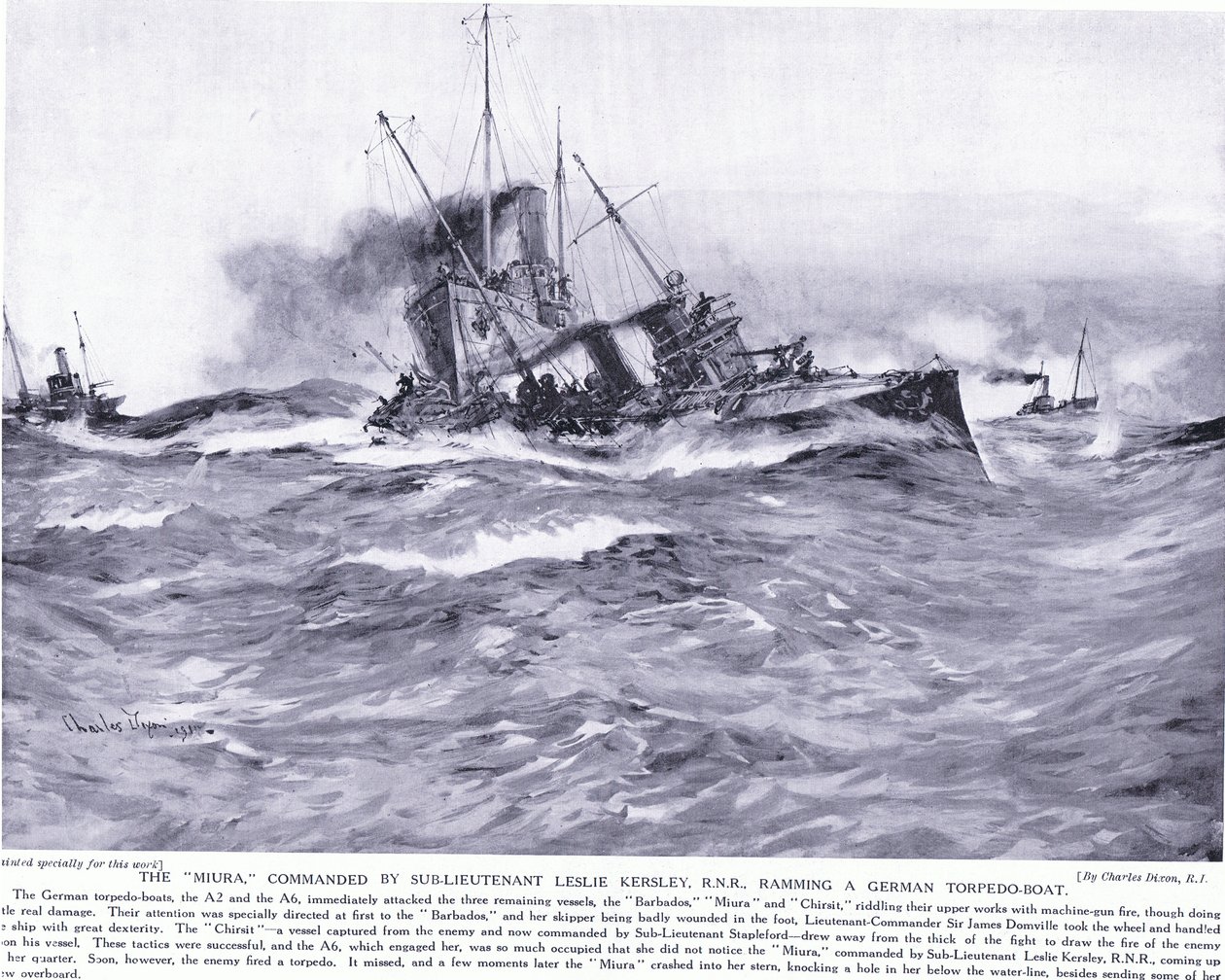 Le Miura commandé par le sous-lieutenant Lesley Kelsey RNR éperonnant un torpilleur allemand, octobre 1914 - Charles Edward Dixon