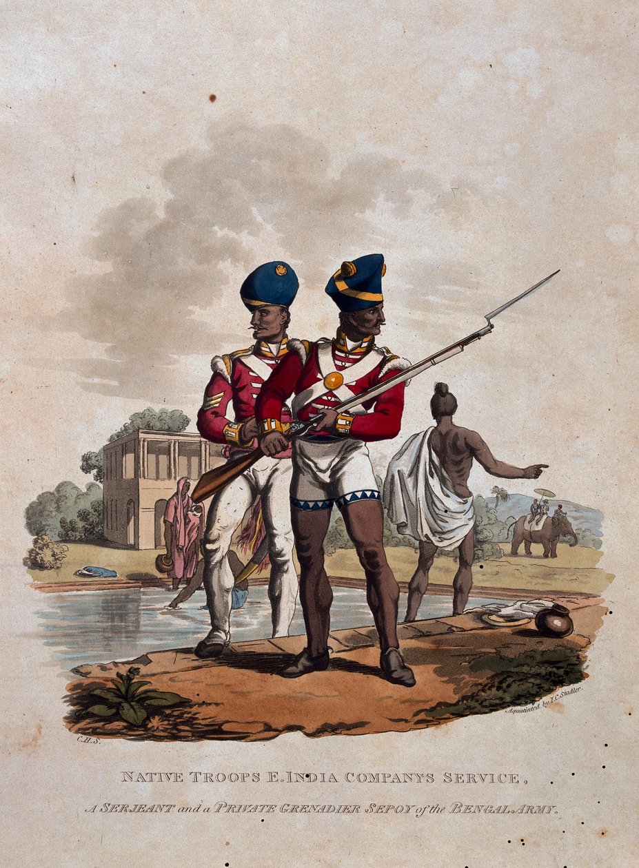 Troupes indigènes, service de la Compagnie des Indes orientales, un sergent et un grenadier privé du Bengale, de 