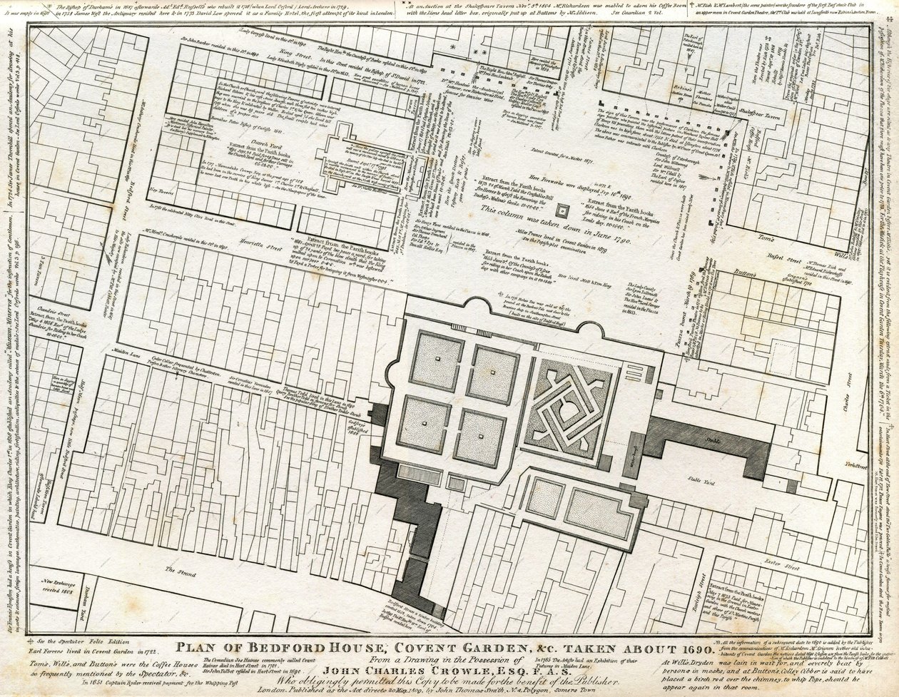 Plan de Bedford House et du jardin à Covent Garden dessiné vers 1690, avec des annotations ultérieures - Charles John Crowle