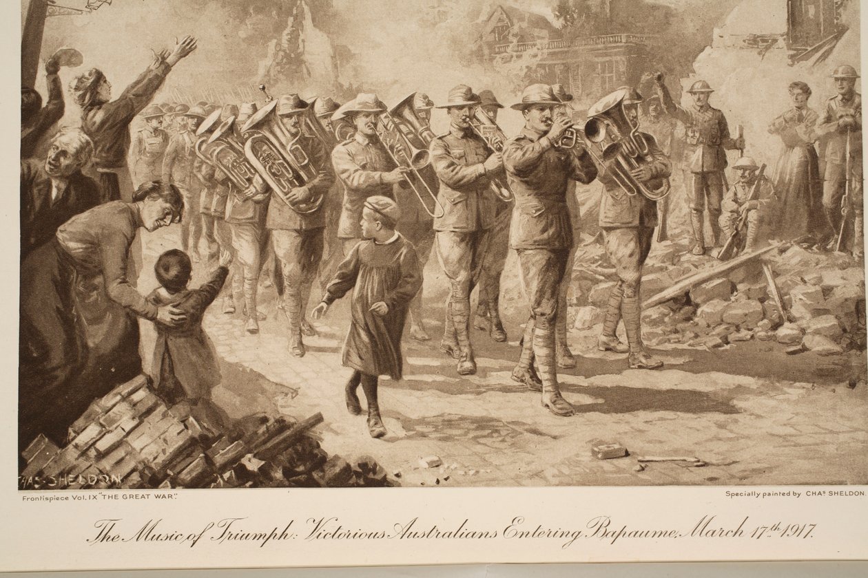 La Musique du Triomphe : Les Australiens victorieux entrant à Bapaume, 17 mars 1917, 1917-19 - Charles Mills Sheldon