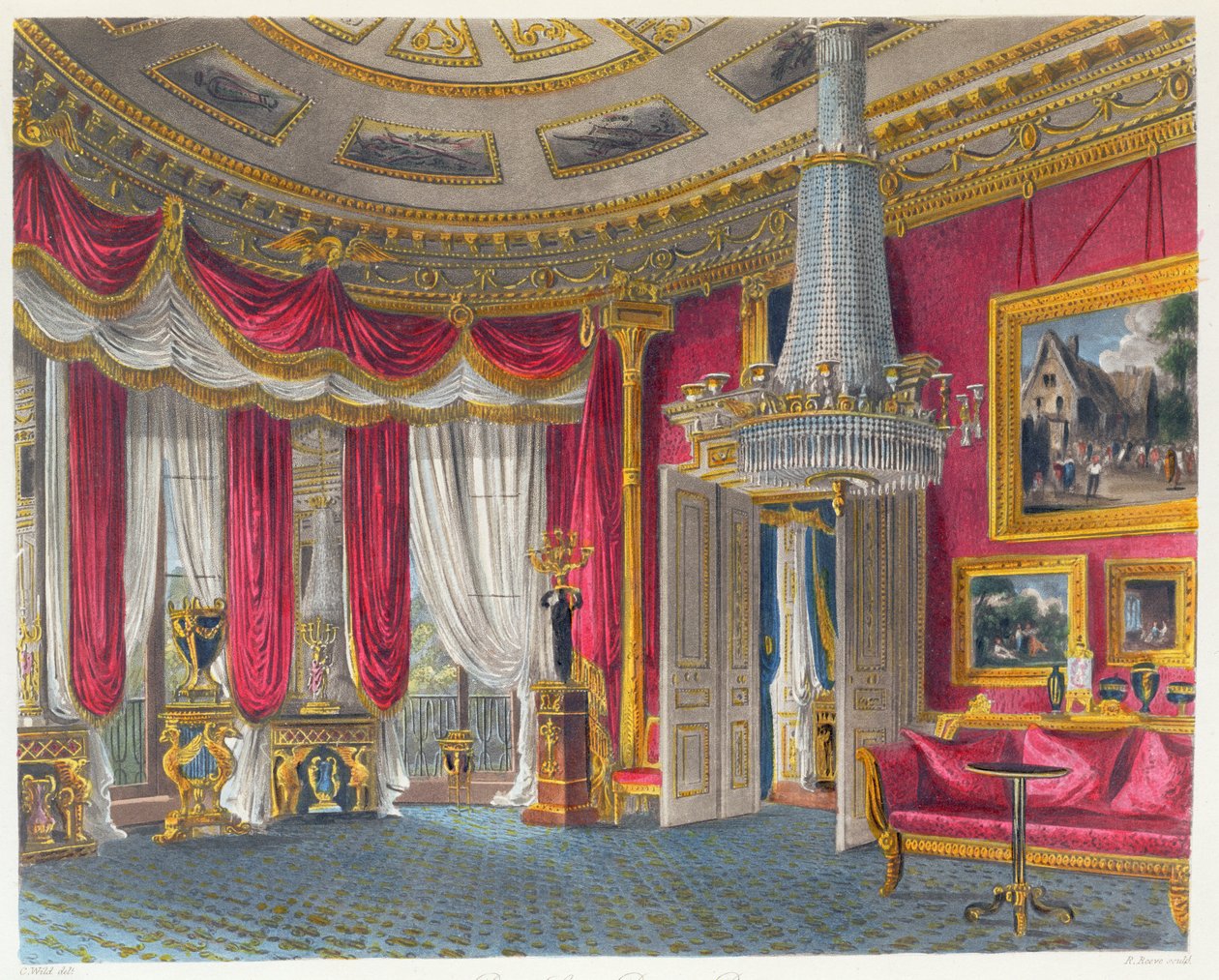 Le salon de dessin en satin rose, Carlton House, vue sud-ouest, gravé par R. Reeve, de 