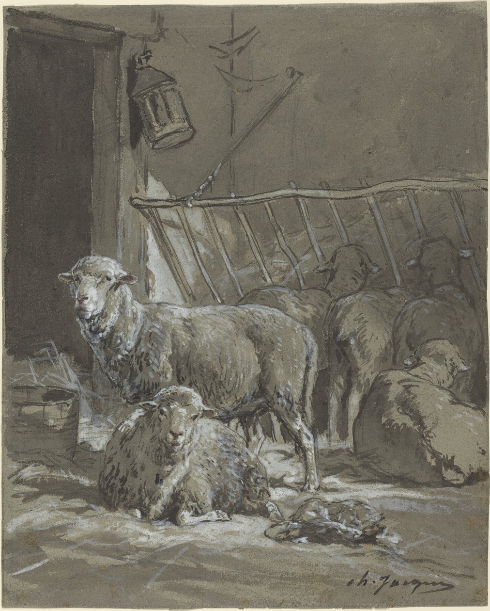 Moutons dans une mangeoire - Charles Emile Jacque