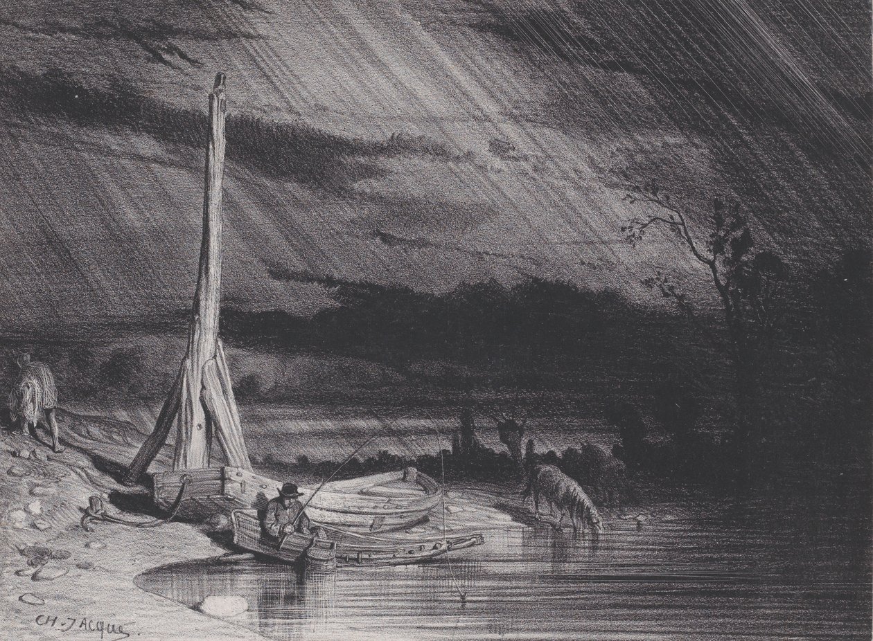 Le pêcheur, temps pluvieux - Charles Emile Jacque