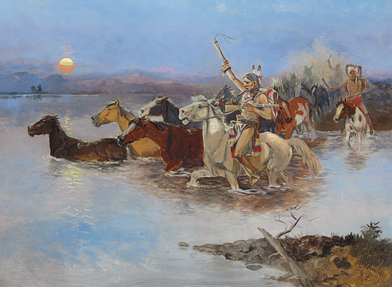 Traversée de la rivière, vers 1895 - Charles Marion Russell