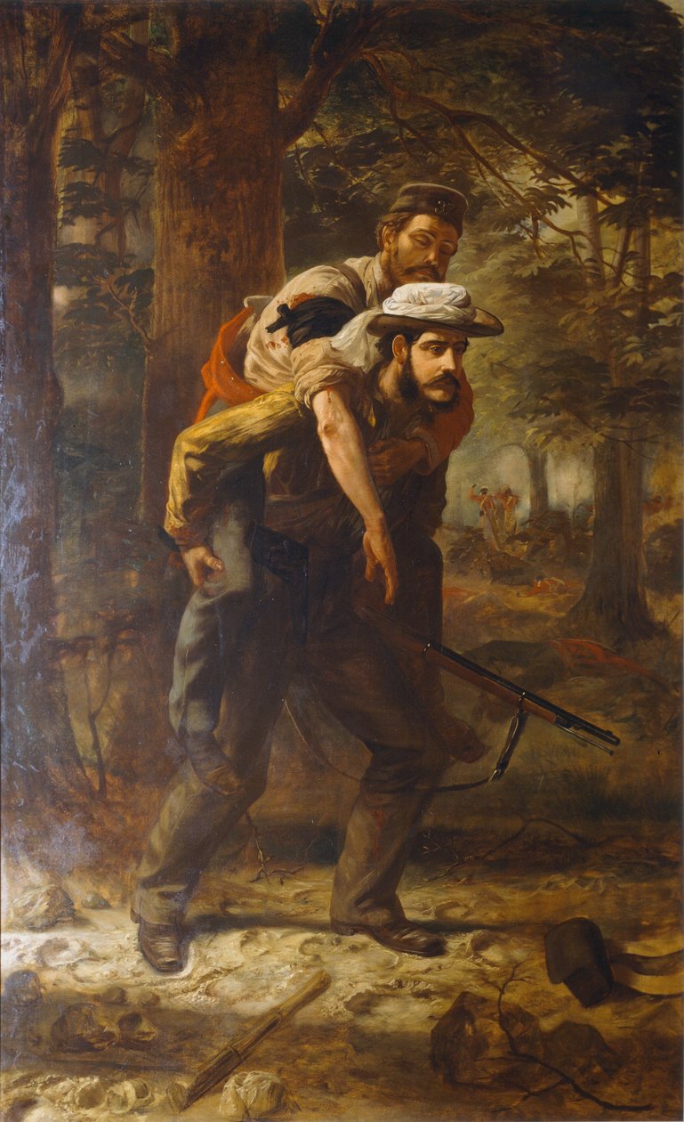 Ross Lewis Mangles sauvant un soldat blessé du 37e Régiment pendant la Mutinerie indienne de 1857, 1859-62 - Chevalier Louis William Desanges