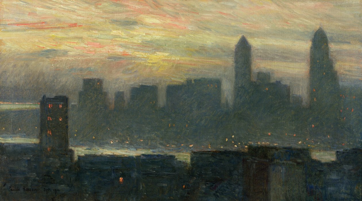 Coucher de soleil brumeux à Manhattan - Childe Frederick Hassam