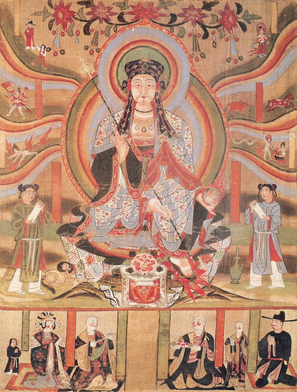 Bannière bouddhiste représentant Dizang et les Six Voies de la Renaissance, de Dunhuang (peinture sur soie) - Chinese School