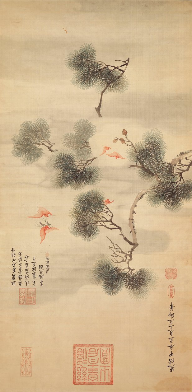 Cinq chauves-souris parmi une branche de pin, 1844 - Chinese School