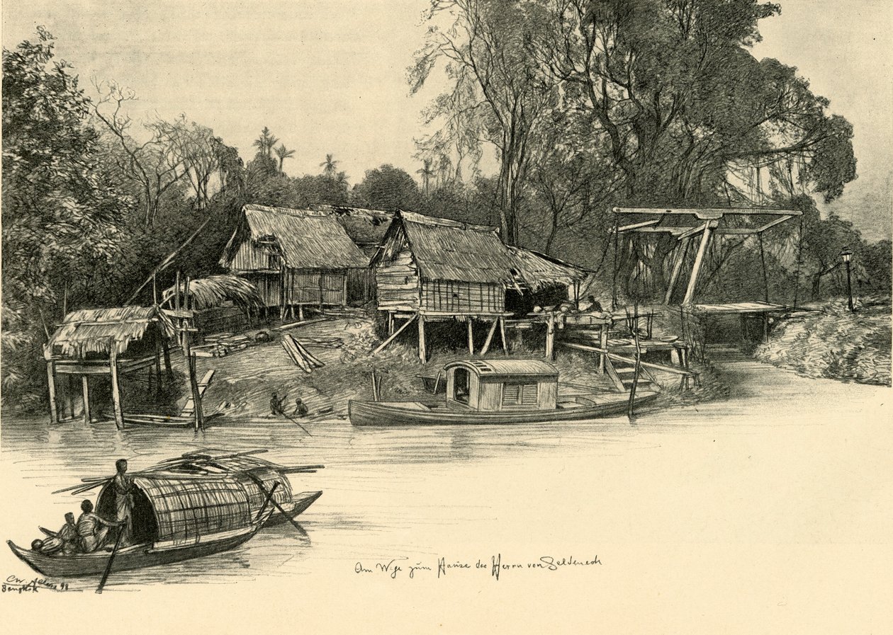 Maisons sur pilotis, Bangkok, Siam, 1898 - Christian Wilhelm Allers