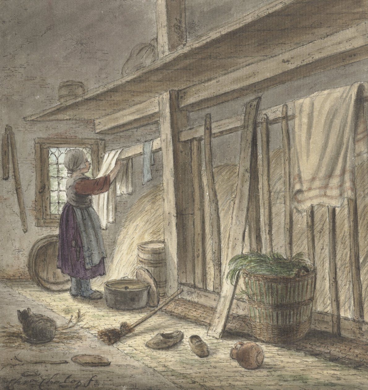 Hoekje van een stal met een meisje dat een doek ophangt (1772) de Christina Chalon - Christina Chalon