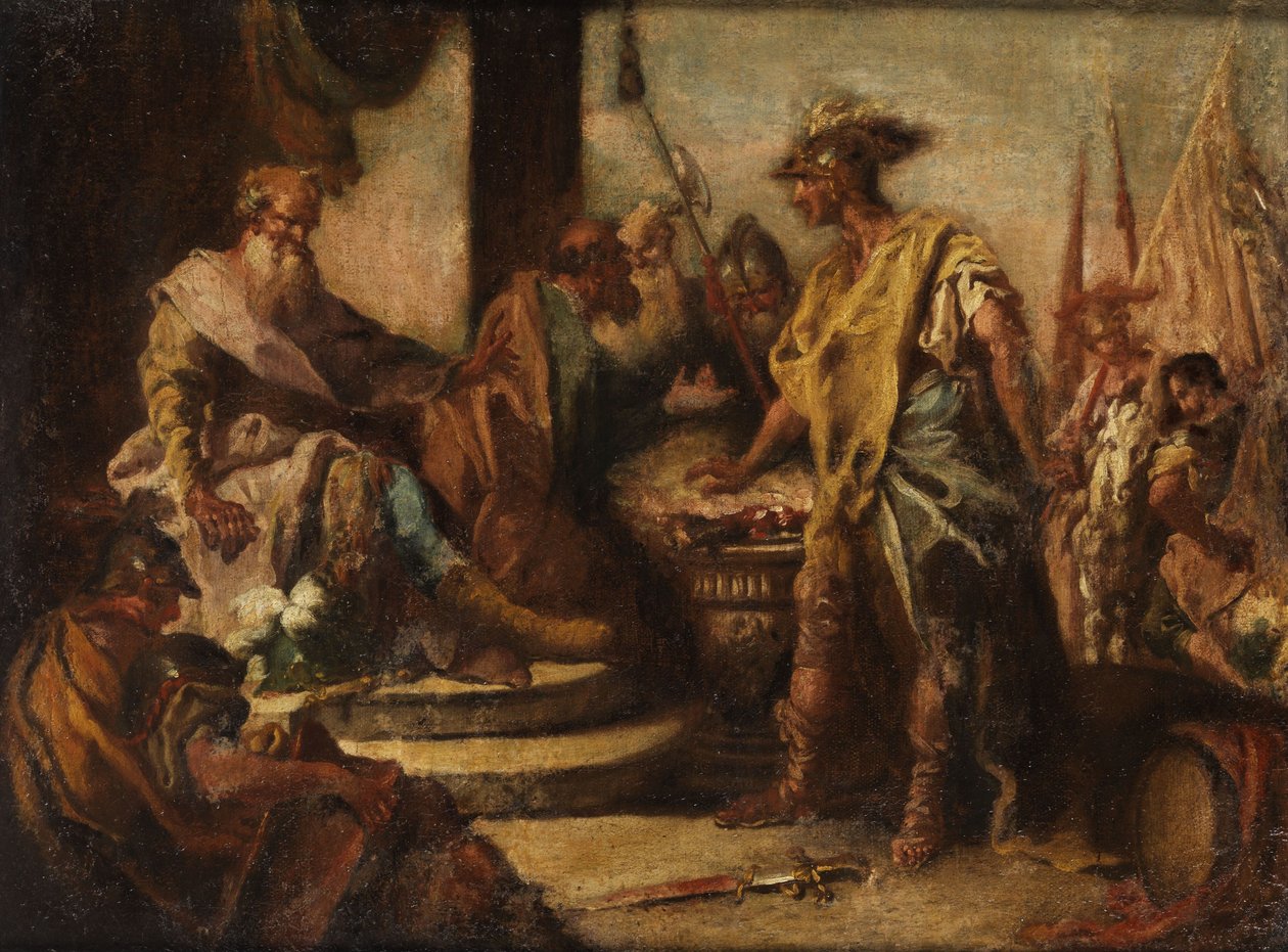 Mucius Scaevola met la main dans le feu devant le prince étrusque Porsenna - Francesco Fontebasso