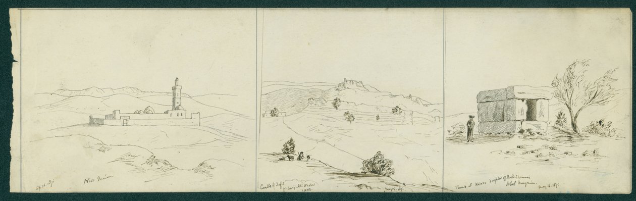 De gauche à droite : Nebi Musa, Château de Safet et Tombeau de Kalata, 1871 - Claude Conder