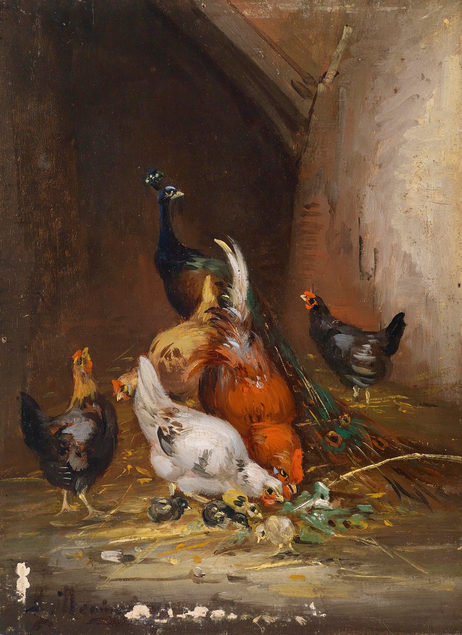 Poules et un paon - Claude Guilleminet