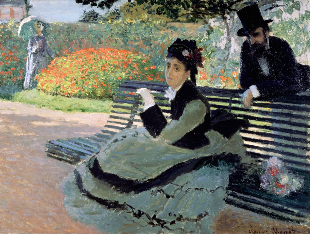 Madame Monet sur un banc de jardin - Claude Monet