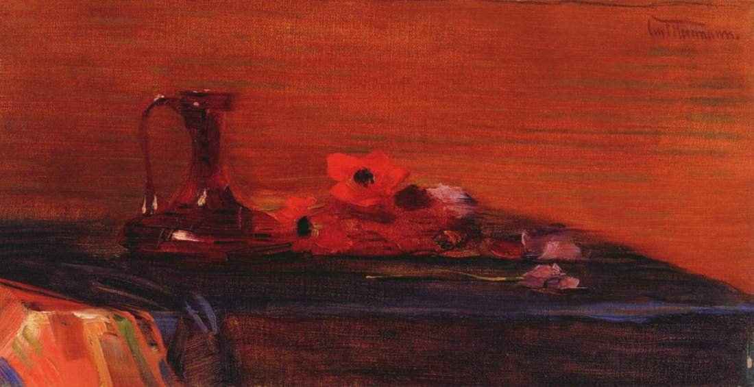 Nature morte avec des anémones et une carafe en verre rouge foncé - Curt Herrmann