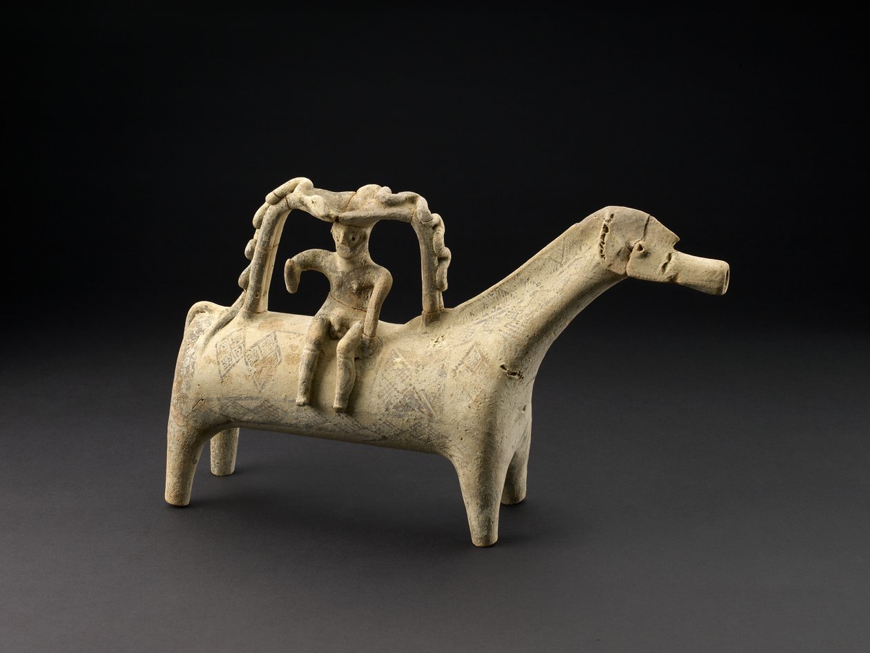 Rhyton en forme de cheval en terre cuite avec cavalier comme partie de la poignée à l