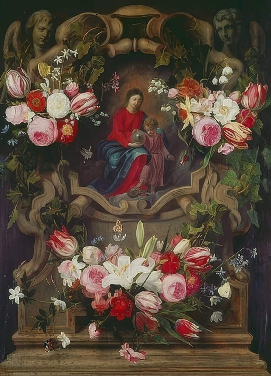 Couronne de fleurs avec la Vierge et l