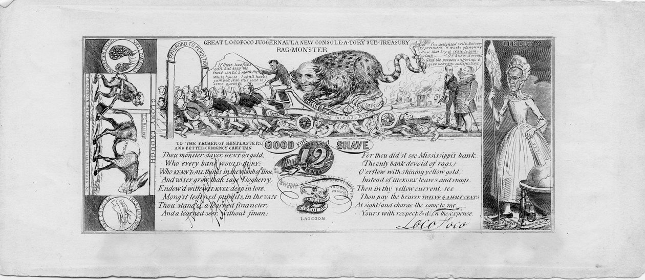 Le grand juggernaut locofoco : un nouveau monstre de chiffons sous-trésor console-a-tory, c.1837 (gravure sur cuivre) - David Claypoole Johnston