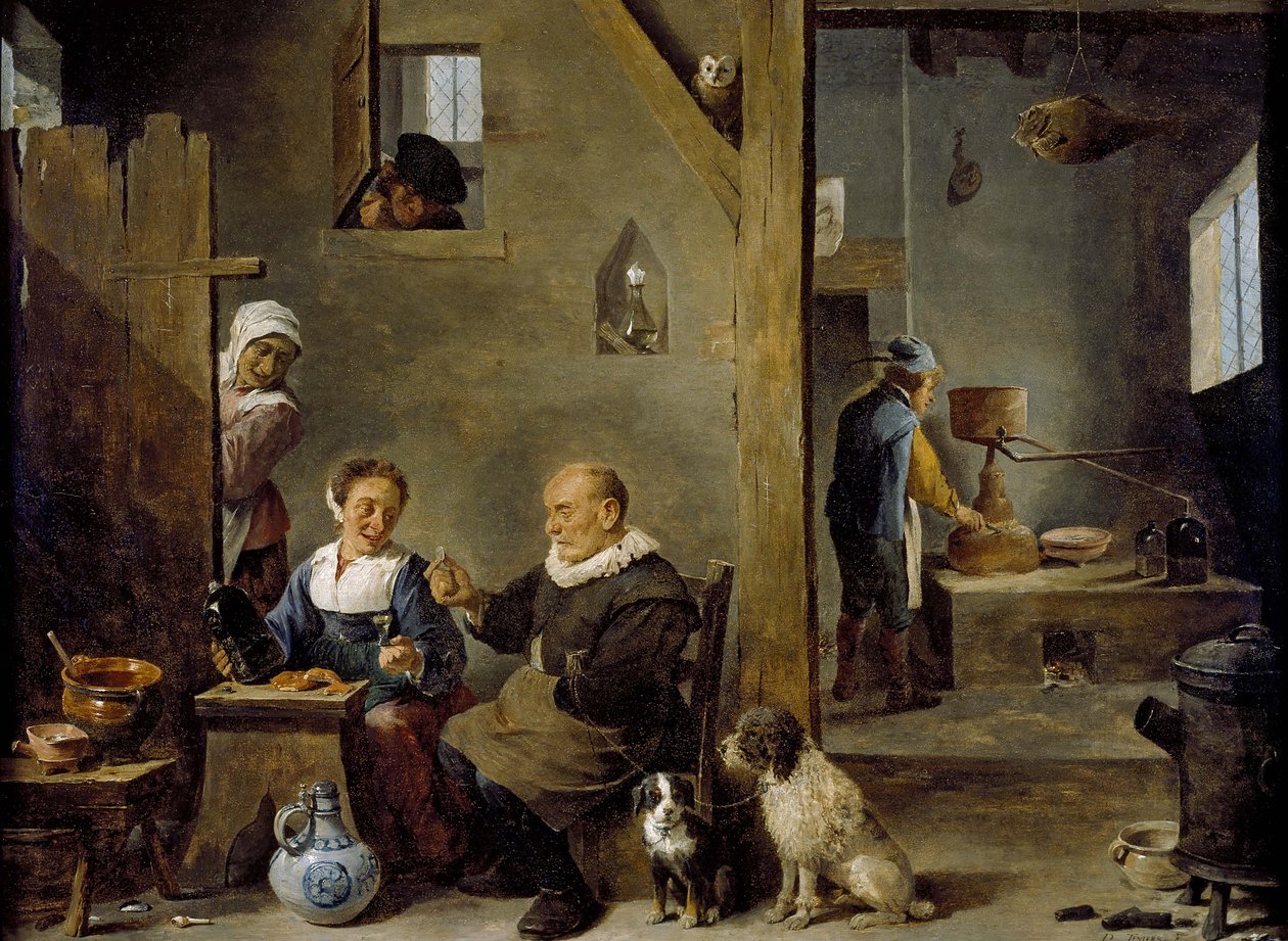 Une distillerie avec un vieil homme achetant du gin à une femme, c. 1640-49 - David Teniers the Younger