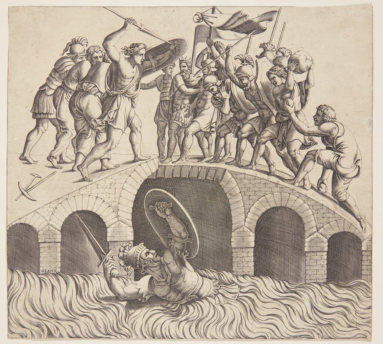 Horatius Cocles échappant dans le Tibre - Diana Scultori