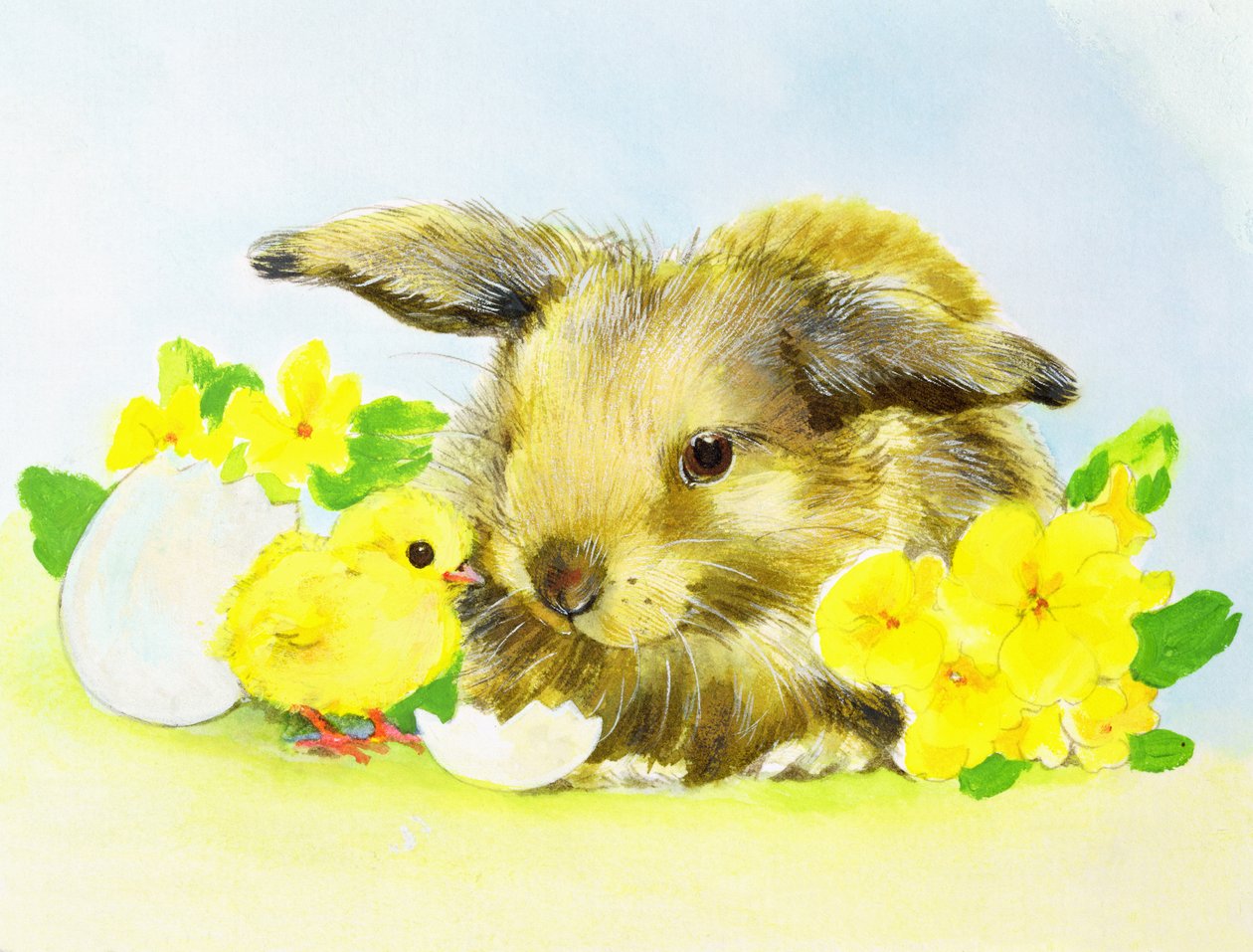 Lapin de Pâques avec primevère et poussin - Diane Matthes