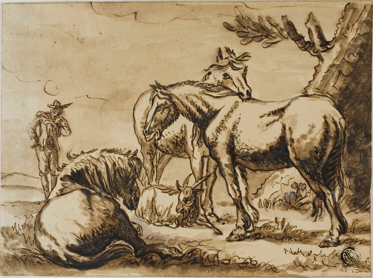 Chevaux, chèvre et un homme - Dirck Stoop