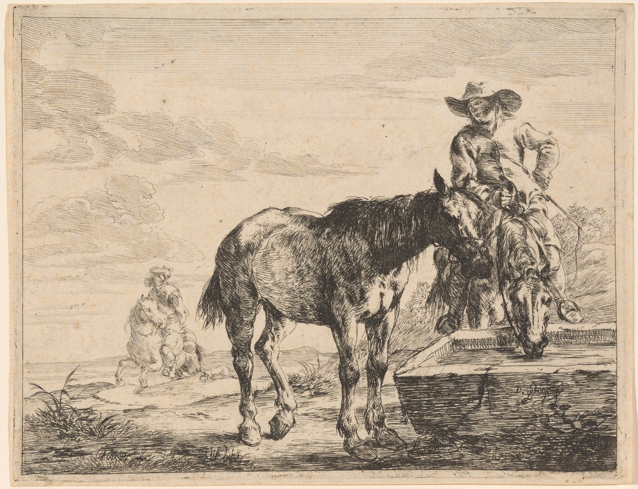 Deux chevaux buvant à un abreuvoir - Dirck Stoop
