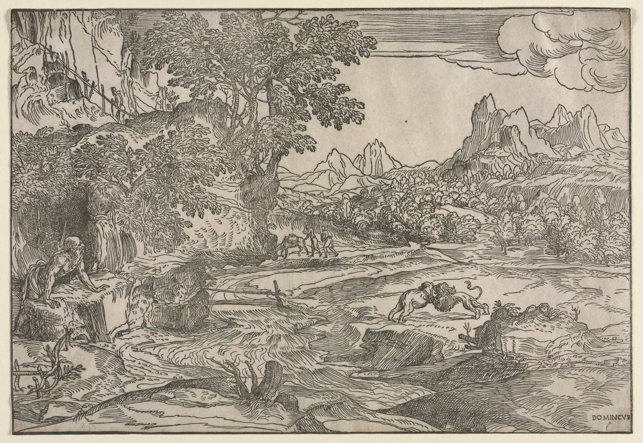 Paysage avec Saint Jérôme et deux lions - Domenico Campagnola