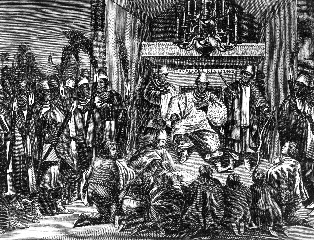 Le roi Alvaro I du Kongo recevant les ambassadeurs néerlandais, une illustration de la 