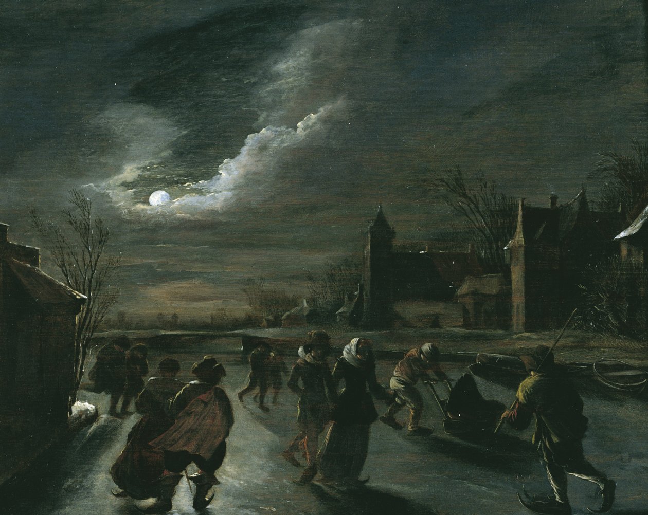 Scène au clair de lune avec patineurs - Dutch School