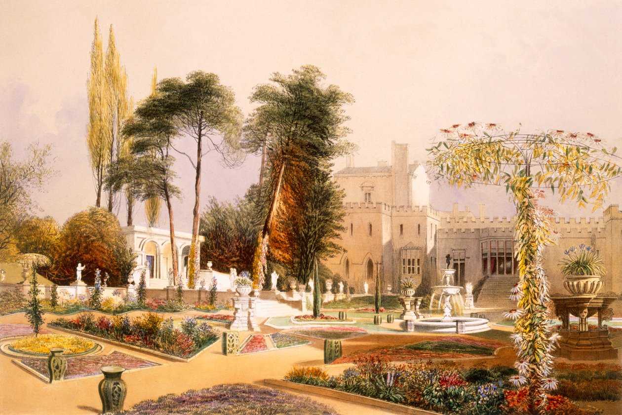 Le parterre dans les jardins de Wilton, le siège du comte de Pembroke (chromolithographie) - E. Adveno Brooke