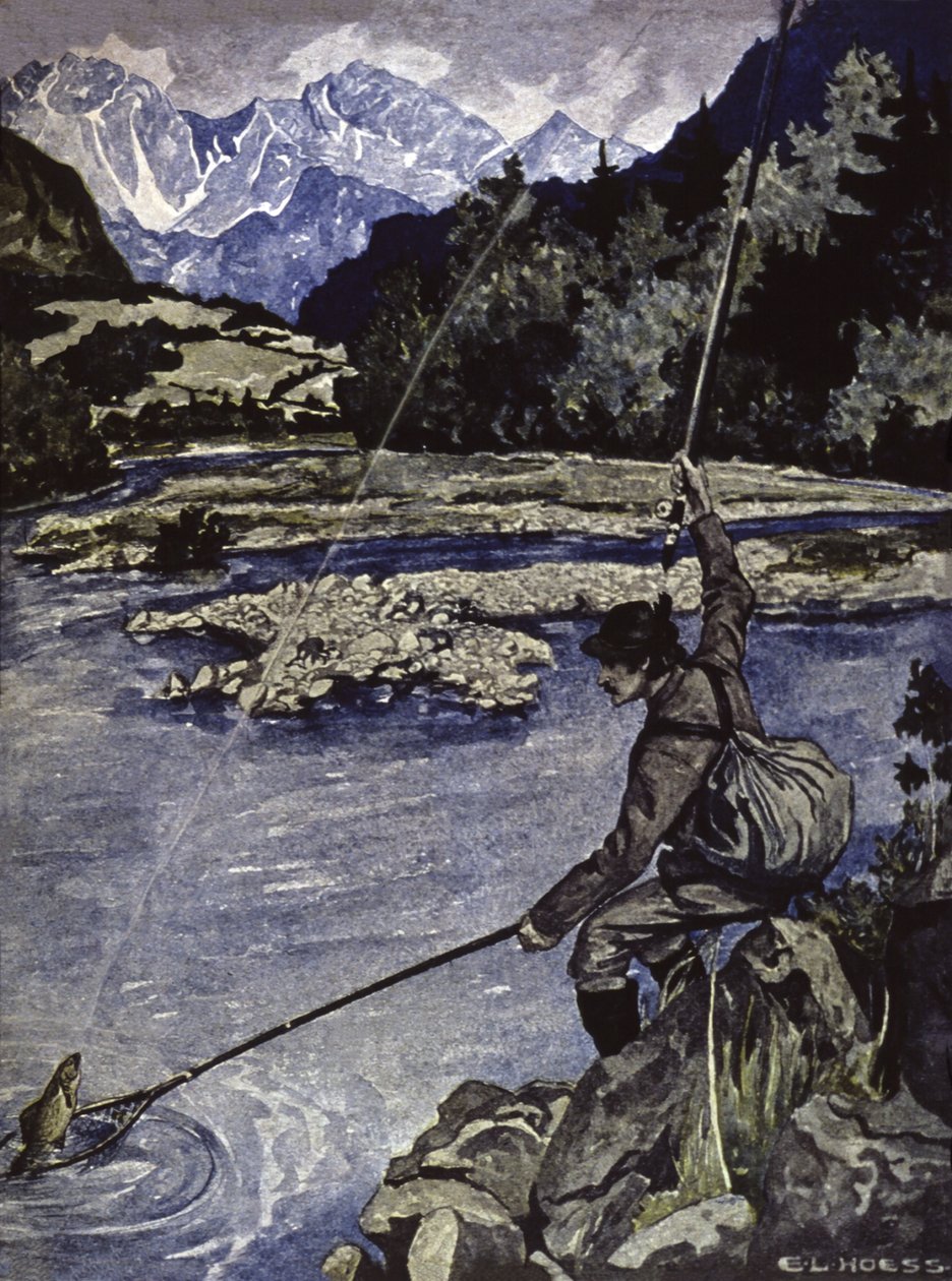 Pêche dans une rivière, vers 1900 (illustration) - E. L. Hoess
