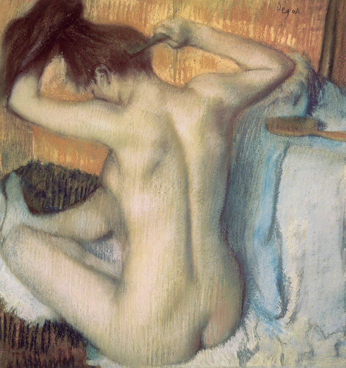 Femme se peignant les cheveux, c.1885 (pastel) - Edgar Degas