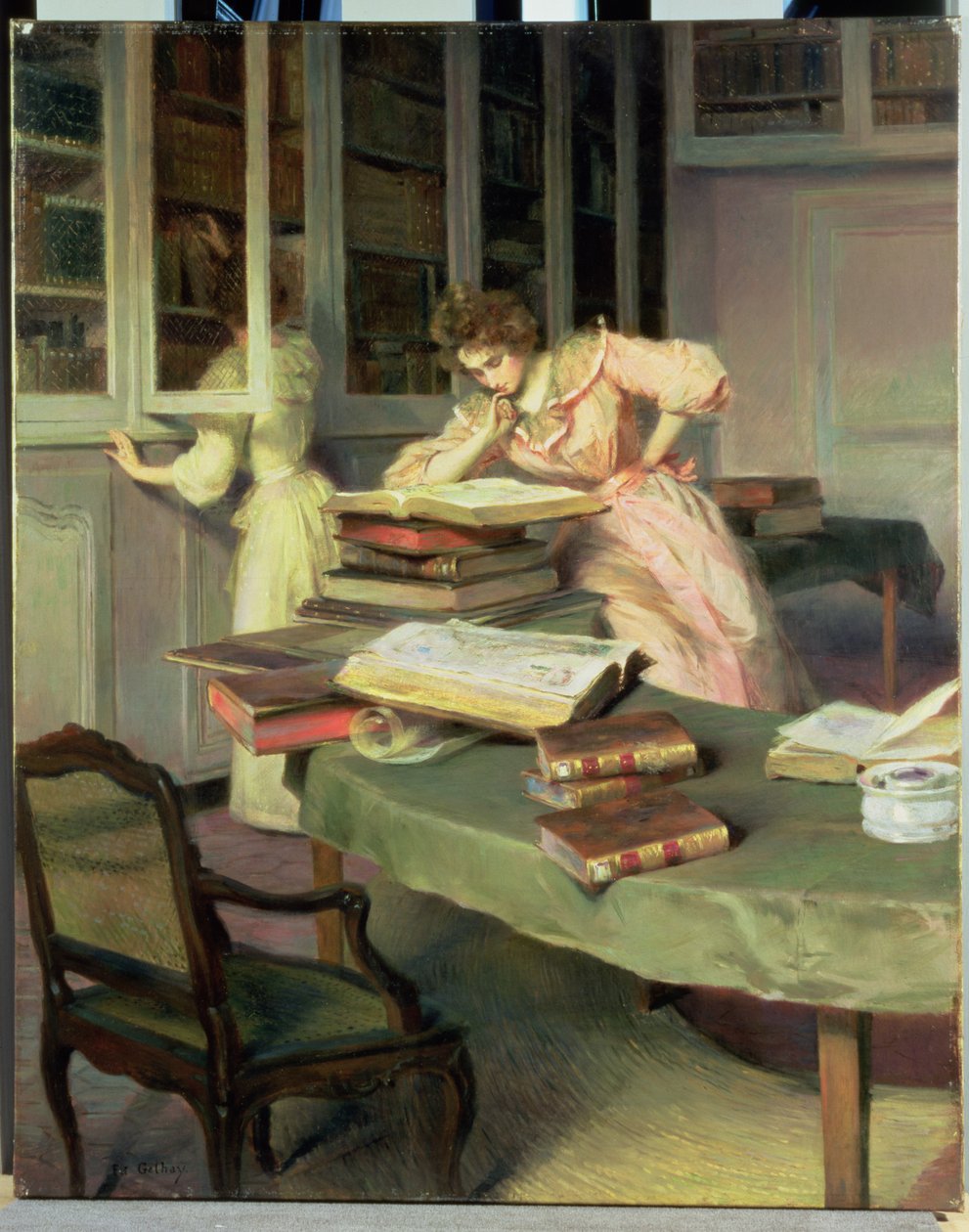 Femmes élégantes dans une bibliothèque - Edouard Gelhay